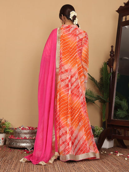 Varanga Woven Leheriya V-Neck Lace Embellished Anarkali Kurta With Dupatta  Elegant Orange And Pink Leheriya Print, Lace Detaili