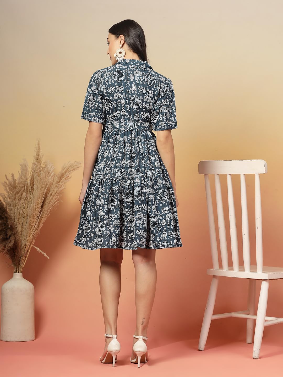 Stylum Womens Bagru Printed Cotton Flared Dress Blue