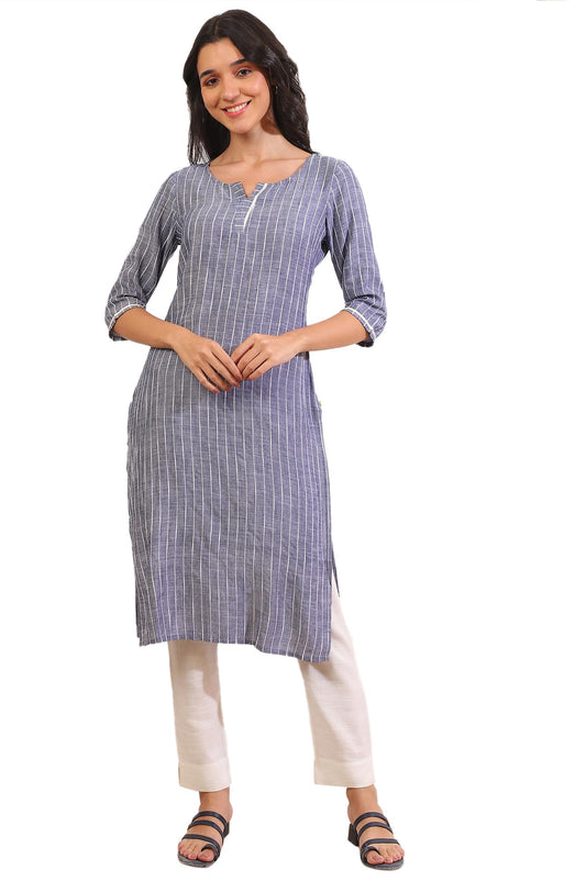 Aurelia Women's Grey Yarn Dyed Cotton Blend Straight Kurta