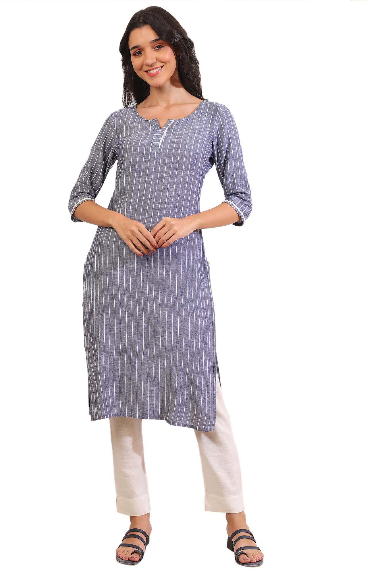 Aurelia Women's Grey Yarn Dyed Cotton Blend Straight Kurta (Size: M)-A15638-705481