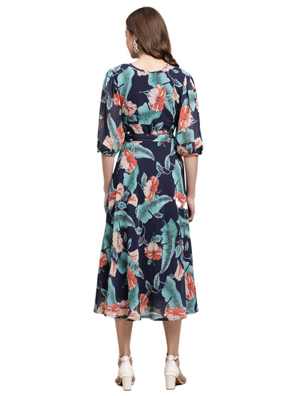 Preneum WomenS Maxi Fit & Flare Latest Style Print Georgette Regular Sleeves Casual Summer Maxi | Festival & Occasion, Navy Blu