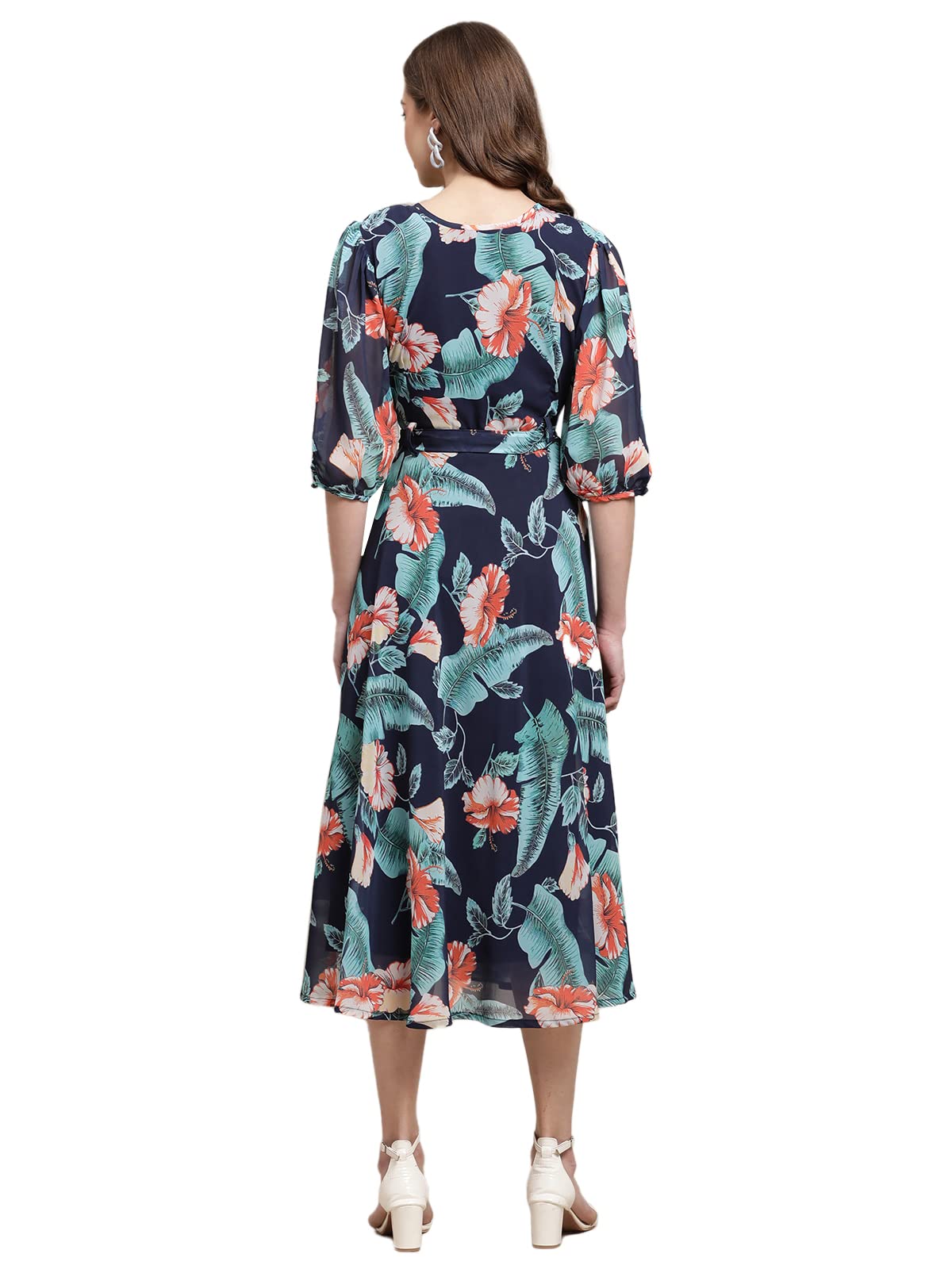 Preneum Womens Maxi Fit & Flare Latest Style Print Georgette Regular Sleeves Casual Summer Maxi Dress || Festival & Occasion, N