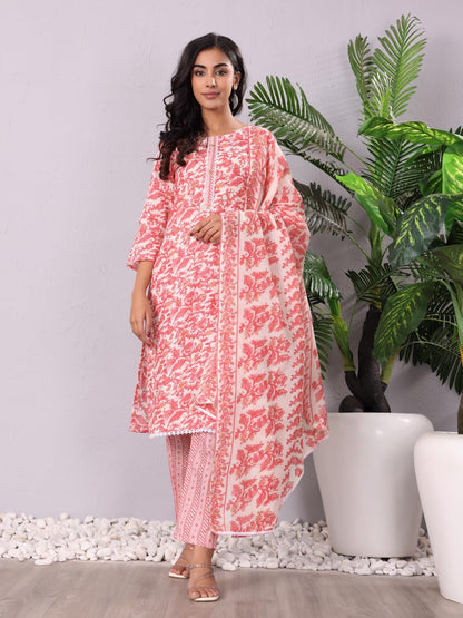 Varanga Women Ethnic Printed Kurta With Trouser & Dupatta  Comfortable Cotton Set, Stylish And Coordinated Look, Perfect For Cas