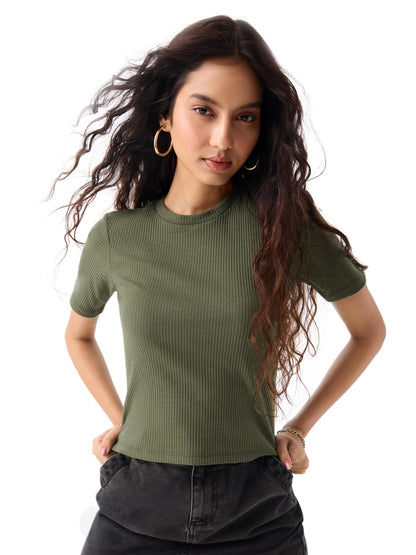 The Souled Store Ribbed T-Shirt: Olive Women and Girls Short Sleeves Round Neck Polyester Blend Regular Fit T-Shirts