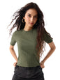 The Souled Store Ribbed T-Shirt: Olive Women and Girls Short Sleeves Round Neck Polyester Blend Regular Fit T-Shirts