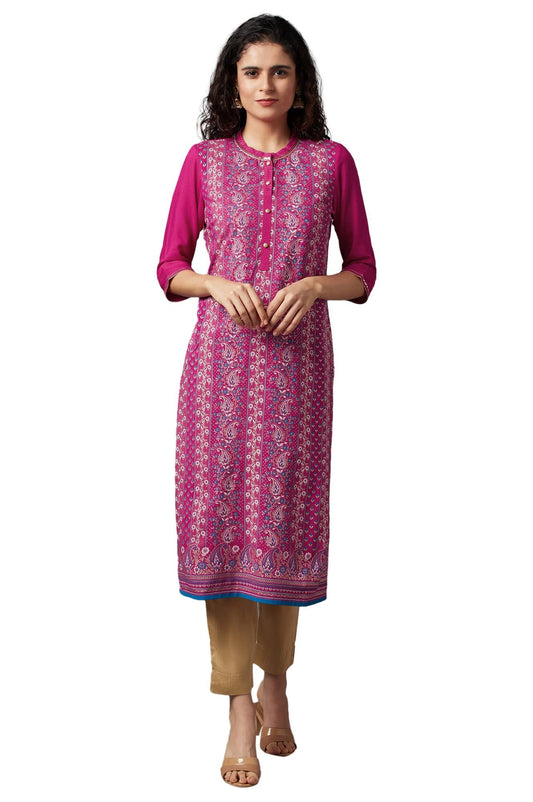 Aurelia Women's Viscose Pink Floral Round Neck Straight Kurta