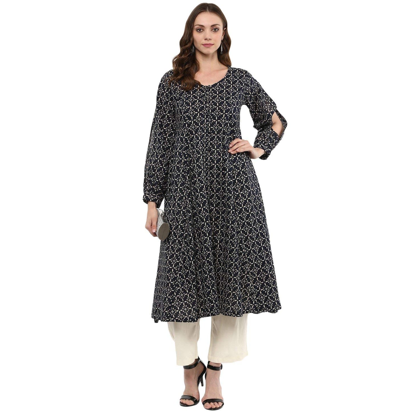 Idalia Cotton Blend Kurta Set For Women, 3/4 Sleeve, Calf-Length, Elegant Design For Special Occasions Navy Blue