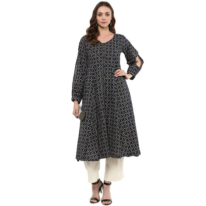 Idalia Cotton Blend Kurta Set For Women, 3/4 Sleeve, Calf-Length, Elegant Design For Special Occasions Navy Blue