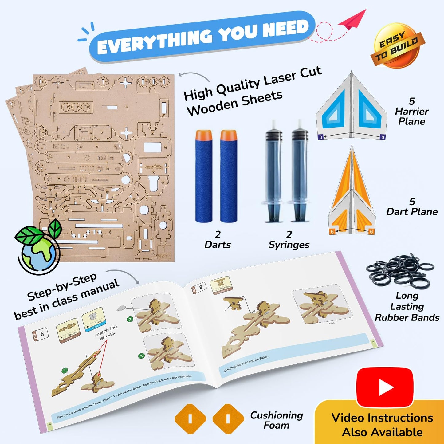 Smartivity 2in1 Hydraulic Airplanes & Darts Launcher STEM Toy for Kids 6-14, Engineered Wood, Multi Color, Model SMRT1163
