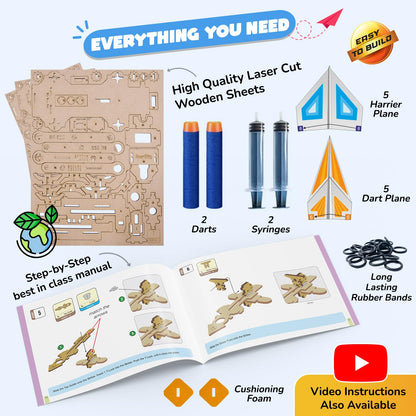 Smartivity 2in1 Hydraulic Airplanes & Darts Launcher STEM Toy for Kids 6-14, Engineered Wood, Multi Color, Model SMRT1163
