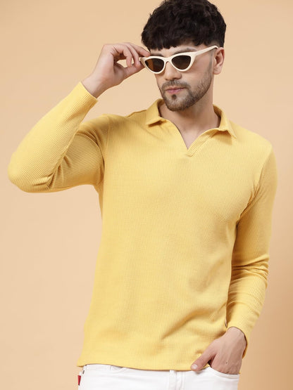 Rigo Printed Casual T-Shirts for Men | Waffle Knit Solid T-Shirt for Men | Full Sleeves T-Shirts for Man Yellow