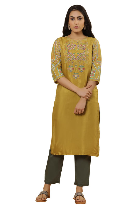 W for Woman W Women Yellow Festive Solid Viscose Straight Kurta set with Parallel Pant