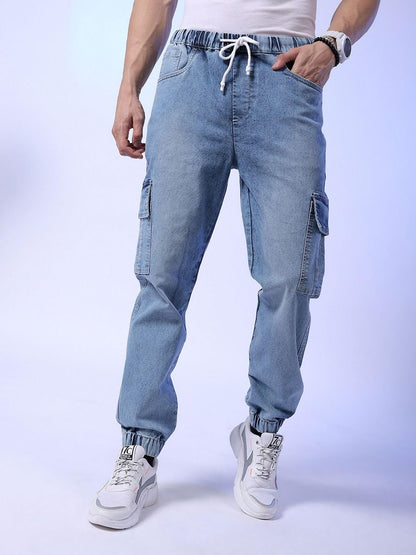 The Indian Garage Co Men Regular Fit Solid Mid-Rise Stretchable Denim Cargo Joggers