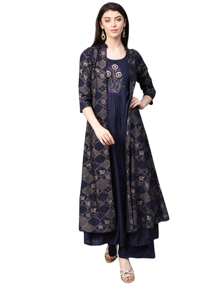 Ishin WomenS Cotton Black Foil Printed A-Line Kurta Set With Palazzo & Jacket