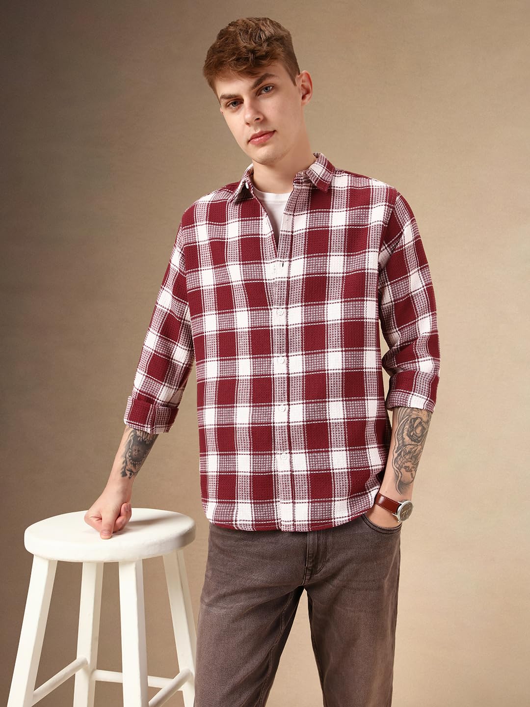 Dennis Lingo Men Red Cotton Poly Waffle Full Sleeve Spread Collar Checks Shirts