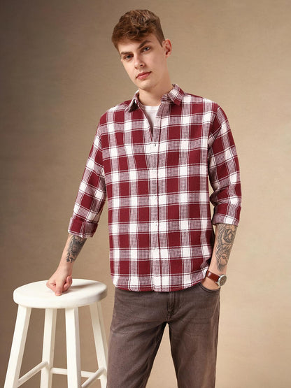 Dennis Lingo Men Red Cotton Poly Waffle Full Sleeve Spread Collar Checks Shirts