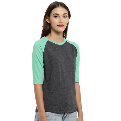 Campus Sutra Womens Mint Green & Charcoal Grey Raglan-Sleeved Top for Casual Wear | Round Neck | Quarter Sleeve | Pull On Closu