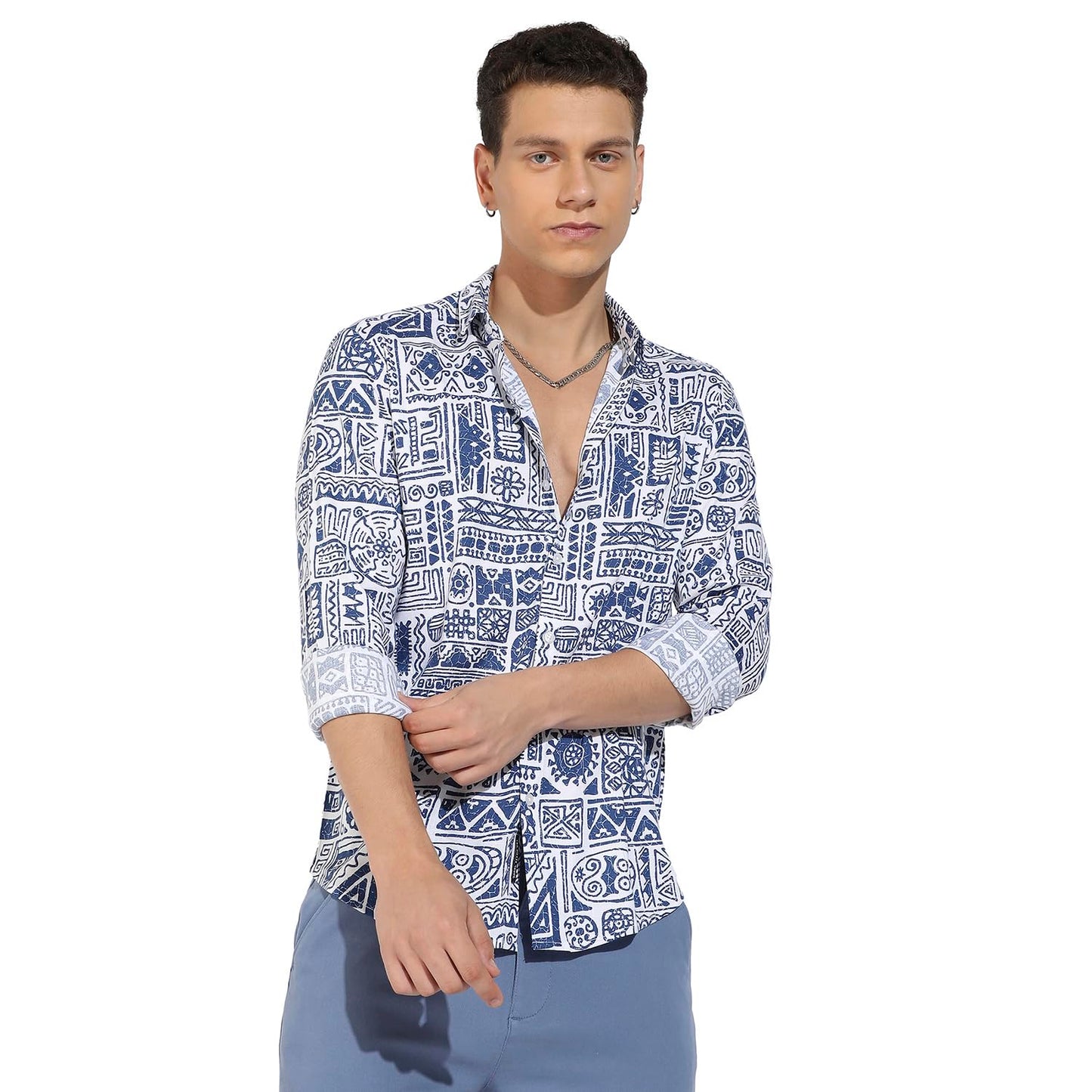 Campus Sutra Mens Indigo Blue Contrast Aztec Shirt for Casual Wear | Spread Collar | Long Sleeve | Button Closure | Rayon Slub