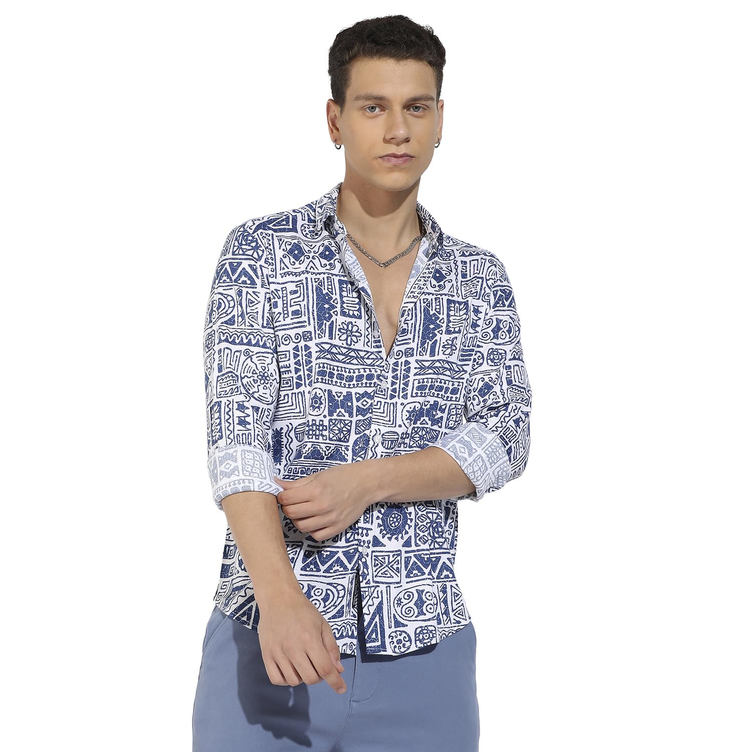 Campus Sutra Mens Indigo Blue Contrast Aztec Shirt for Casual Wear | Spread Collar | Long Sleeve | Button Closure | Rayon Slub