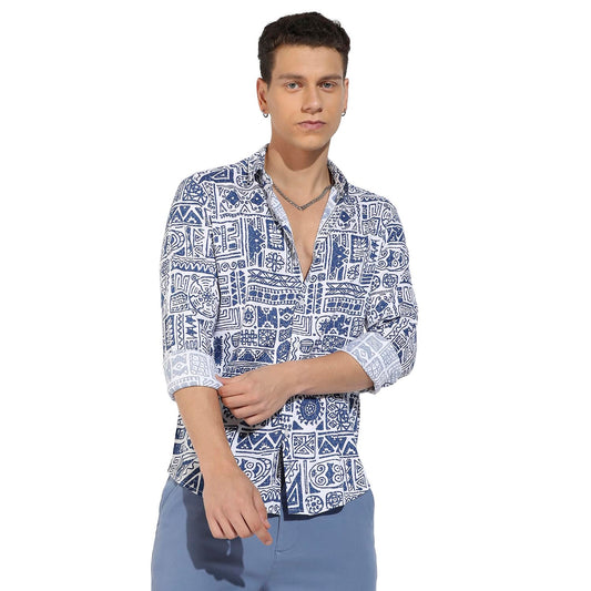 Campus Sutra Mens Indigo Blue Contrast Aztec Shirt for Casual Wear | Spread Collar | Long Sleeve | Button Closure | Rayon Slub