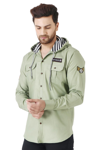 Besix MenS Green Tailored Fit Cotton Blend Shirt For Man With Hoodie - Casual Long Sleeve Shirt With Pockets - Patch Detail For