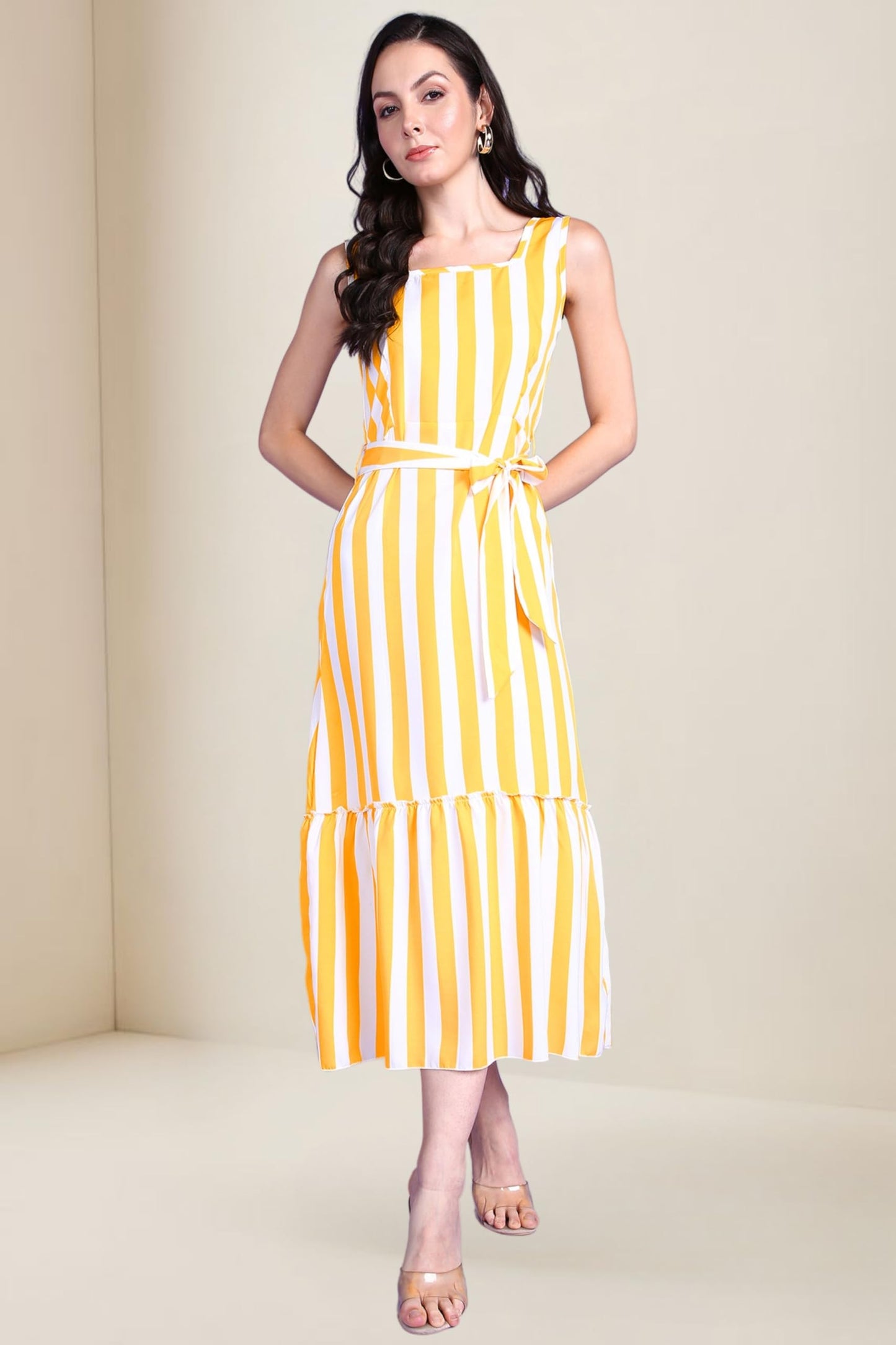 Popwings Women Casual Yellow & White Stripe Long Belt Dress | Women Dress | Women Latest Stylish Trendy Dress