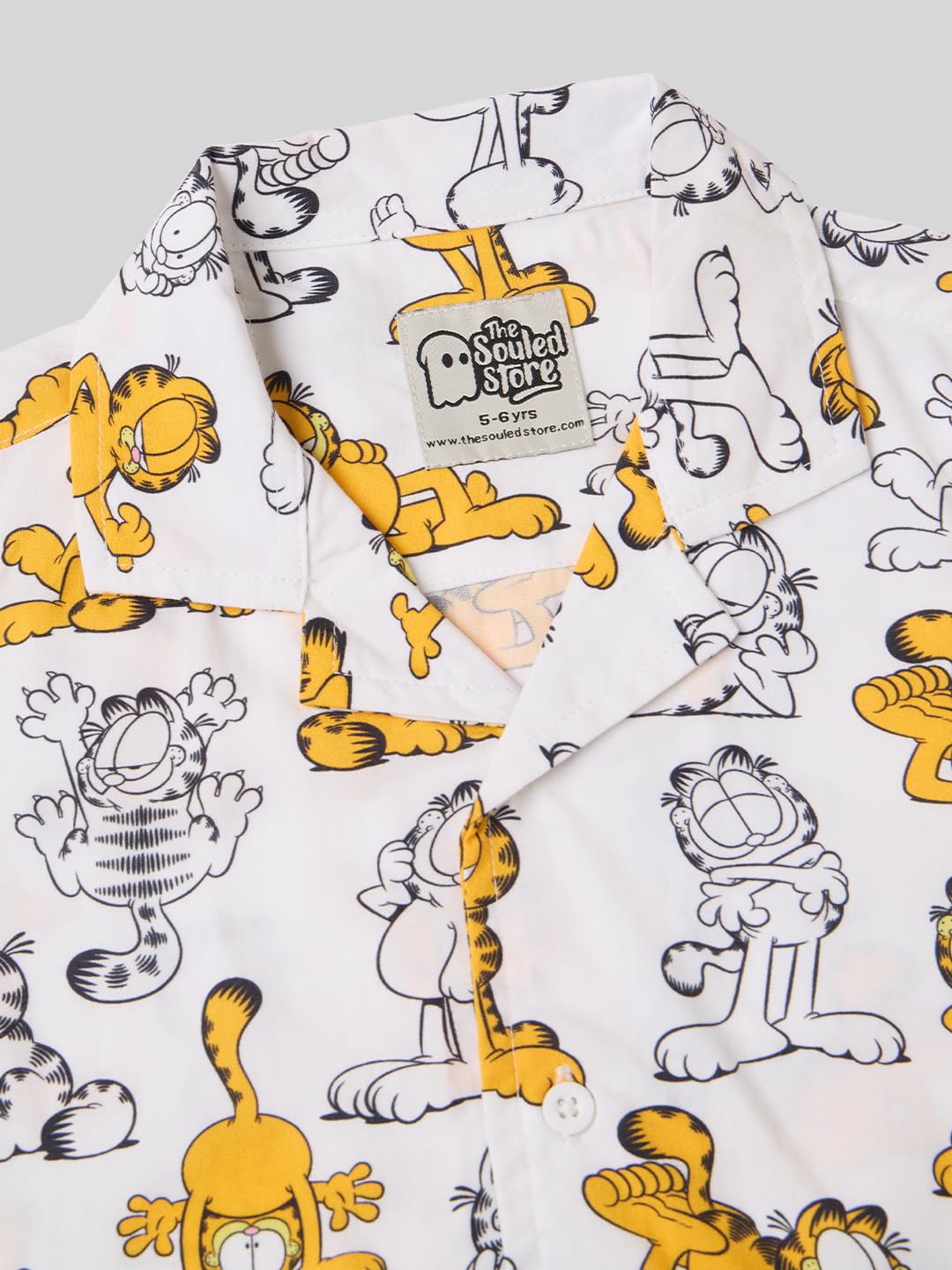 The Souled Store Garfield: Lazy Vibes Boys Short Sleeves Collared Neck Button Front White All Over Printed Rayon Regular Fit Shi
