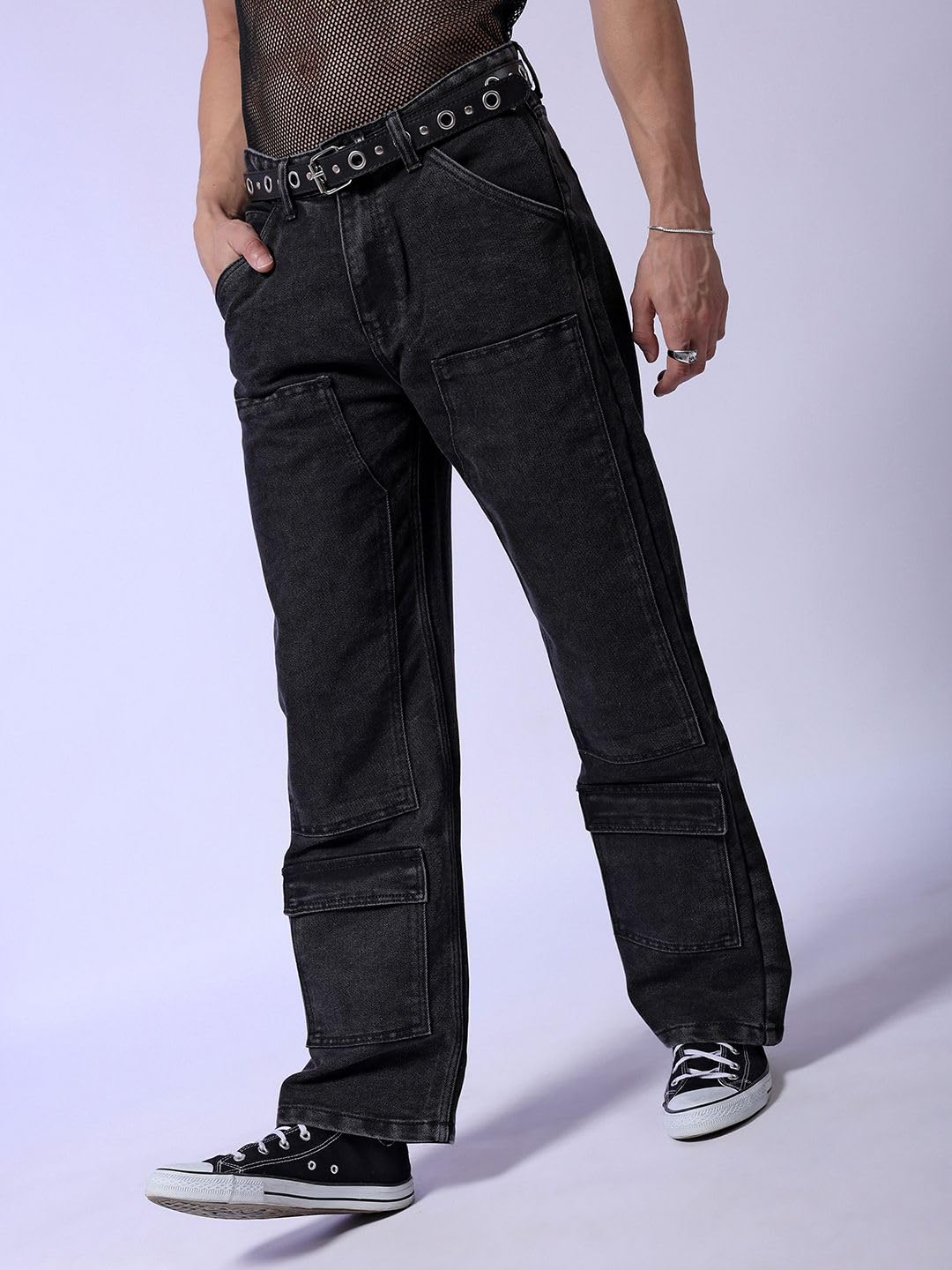 The Indian Garage Co Men Baggy Solid Mid-Rise Carpenter Utility Denim