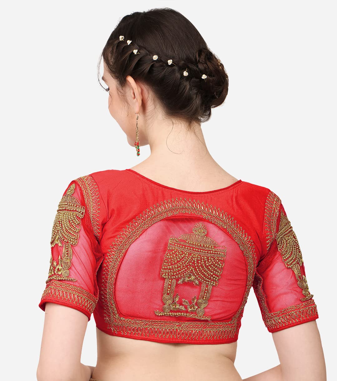 Pujia Mills WomenS Multicolor Temple Embroidery Net Back Sequence Khatli Work Sleeves Design Phantom Silk Readymade Saree Blous