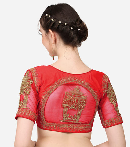 Pujia Mills WomenS Multicolor Temple Embroidery Net Back Sequence Khatli Work Sleeves Design Phantom Silk Readymade Saree Blous