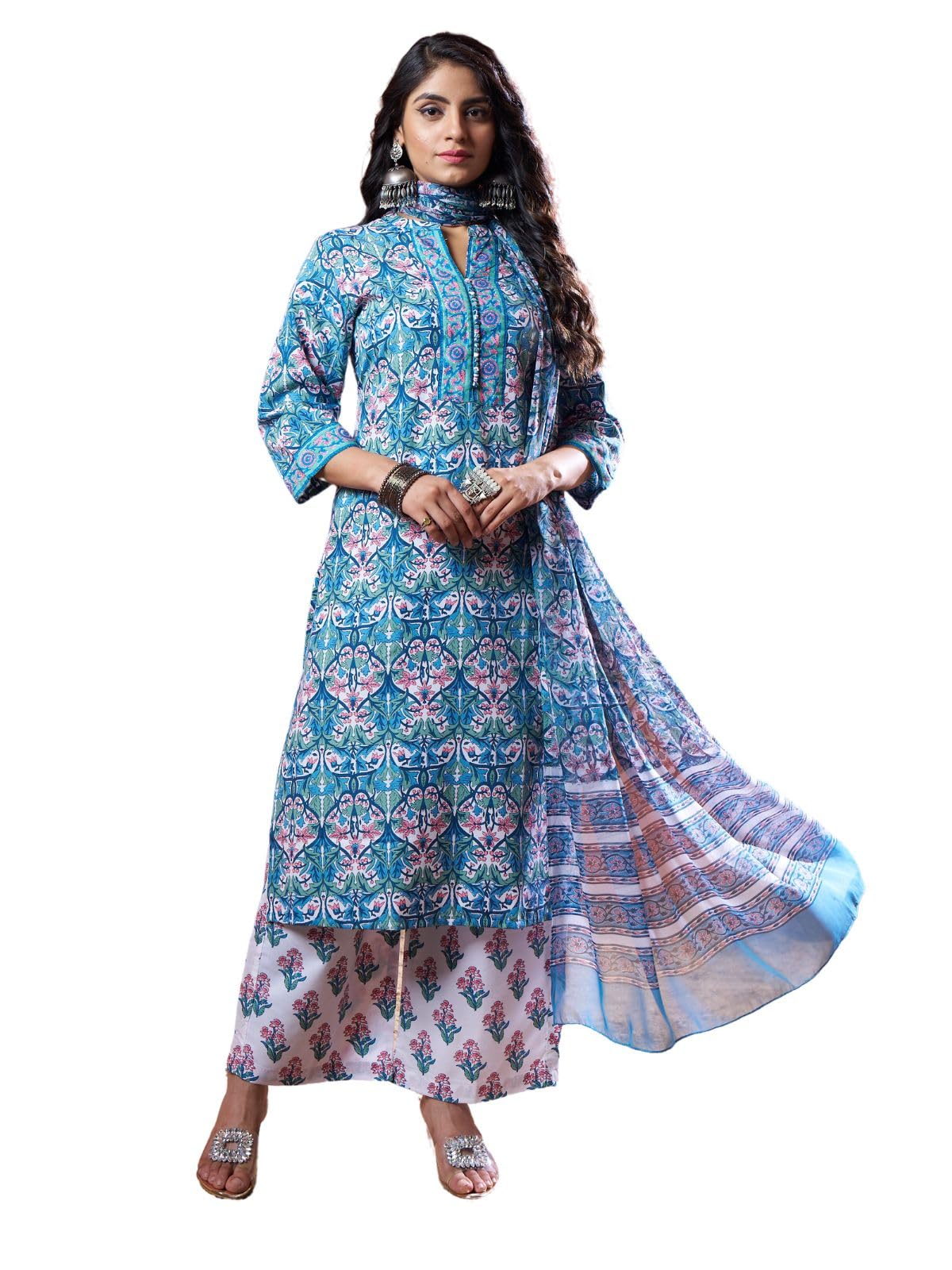 GRECIILOOKS Cotton Blend Floral with Dupatta Kurti Festive Set for Women | Regular Fit Kurta