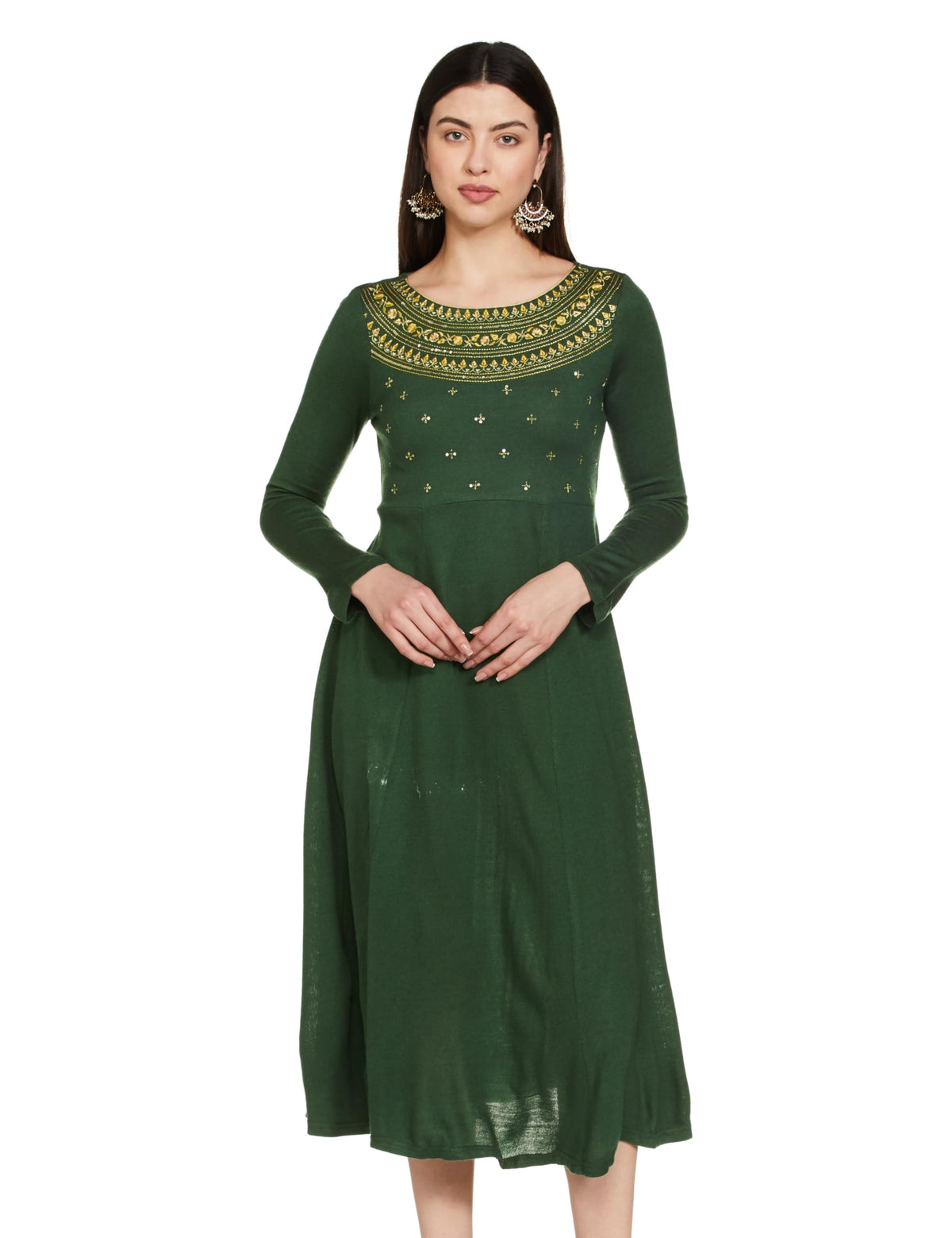 Green Winter Dress With Zari Embroidery