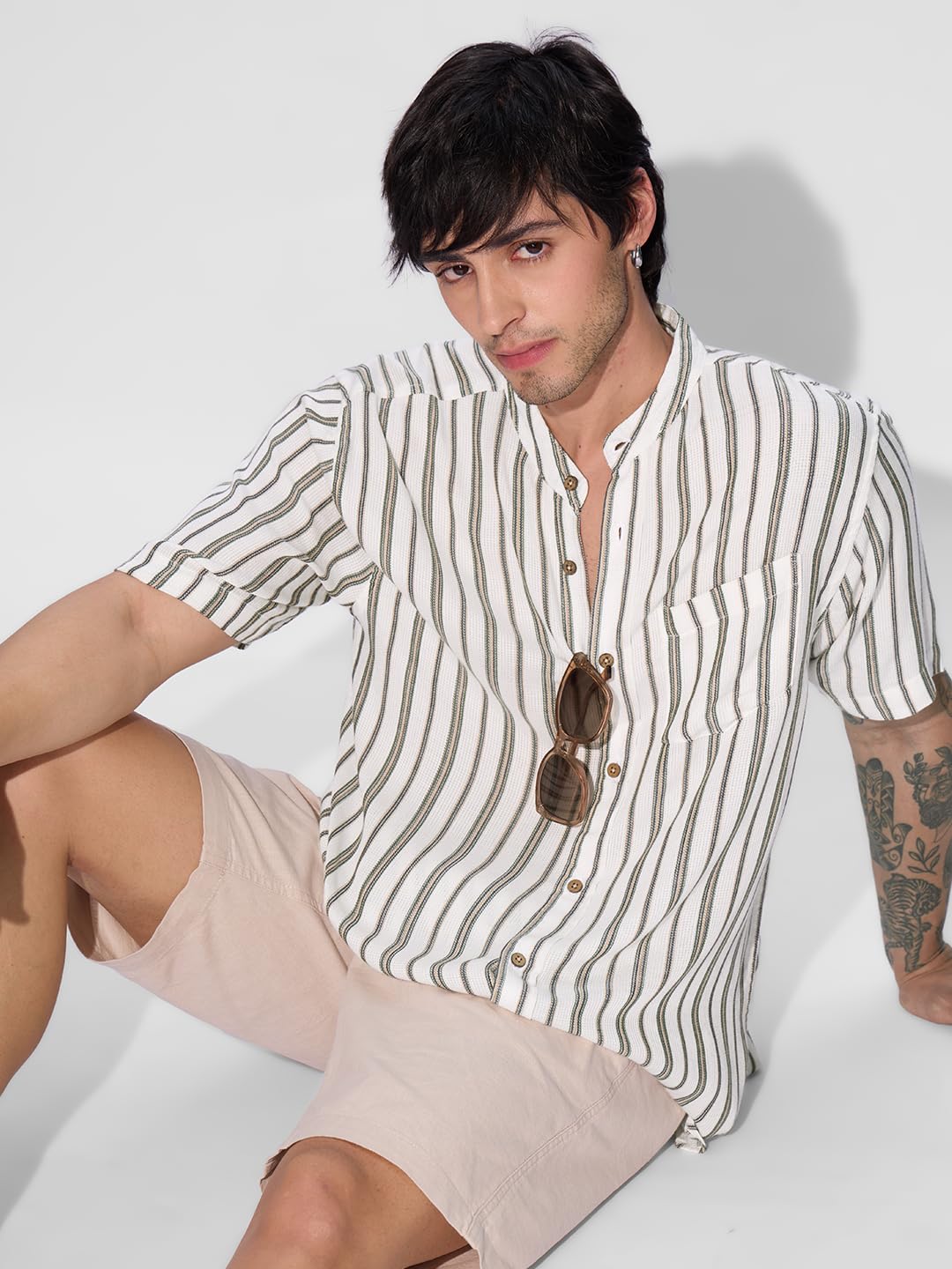 The Souled Store Stripes: Green, White Men and Boys Short Sleeves Collared Neck Button Front Regular Fit Rayon Textured Shirts