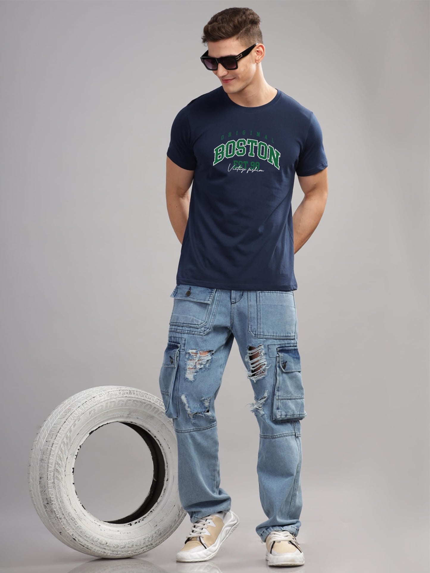 ADRO Mens Printed T Shirt - Premium Cotton Graphic Printed Tshirt - Navy Blue T-Shirt - RN24-BOST-NB