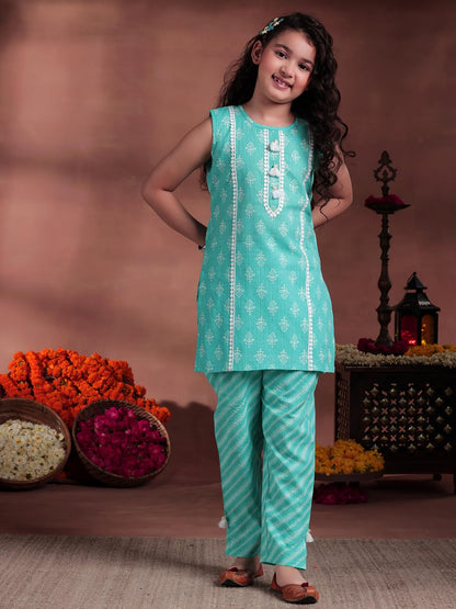 Libas Kids Womens Printed Cotton Straight Kurta With Trousers