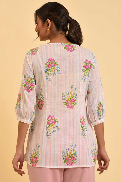 W Ecru Floral Printed Cotton Tunic Top For Women