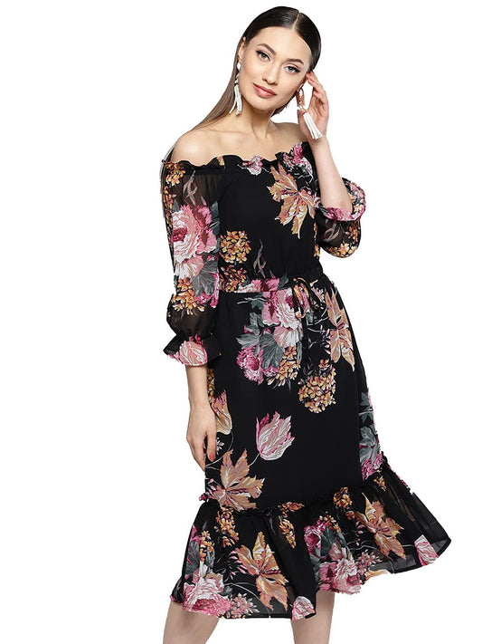 Rare Women'S Synthetic A-Line Knee-Long Dress (Ep4161B_Black_L)