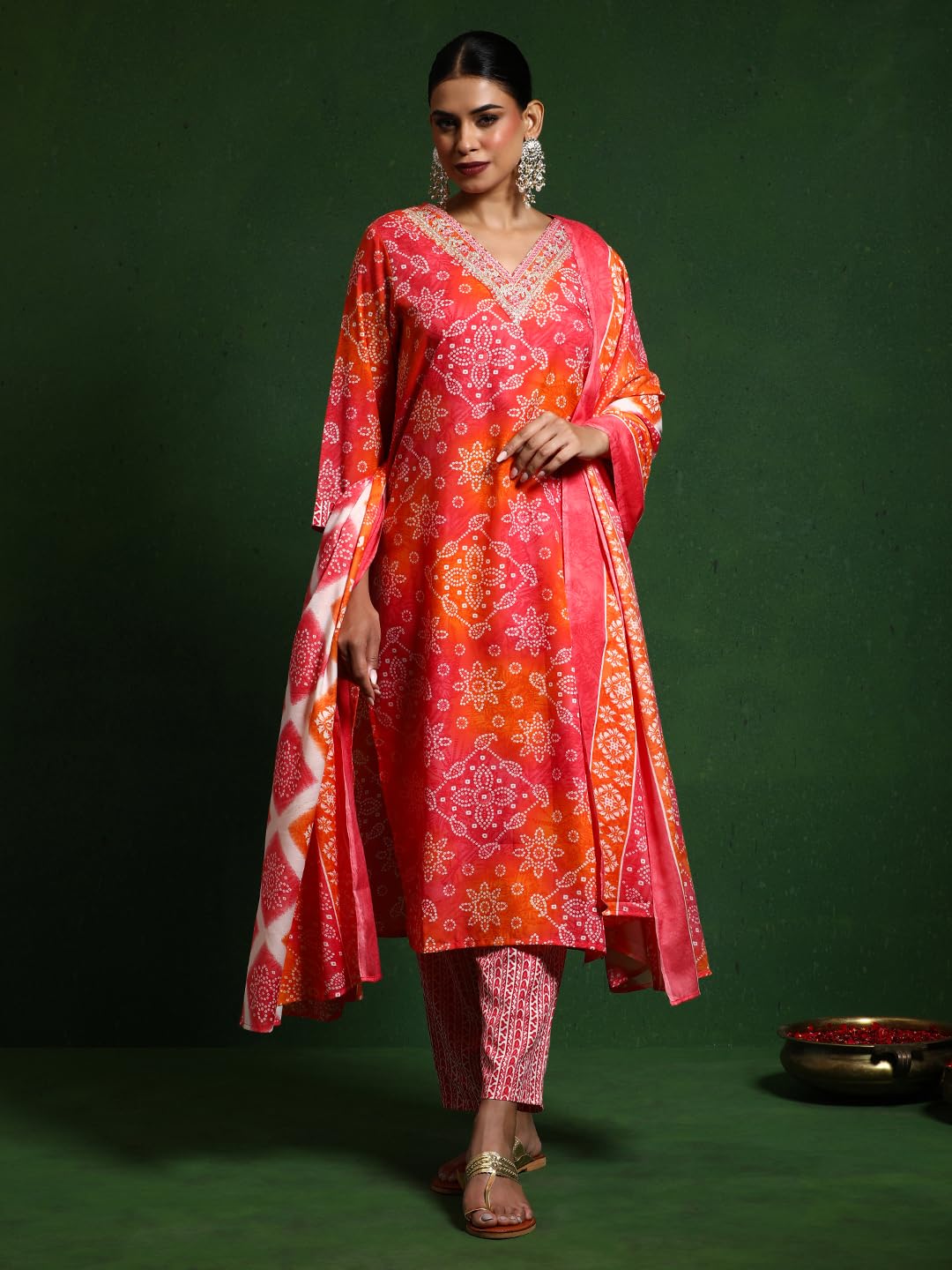 Varanga Women Bandhani Printed V Neck Kurta With Trouser & Dupatta Orange