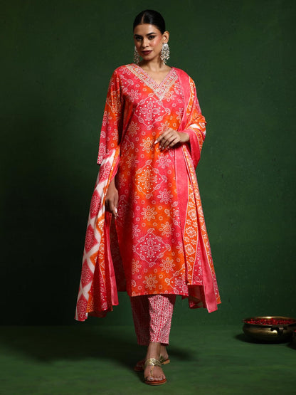 Varanga Women Bandhani Printed V Neck Kurta With Trouser & Dupatta Orange