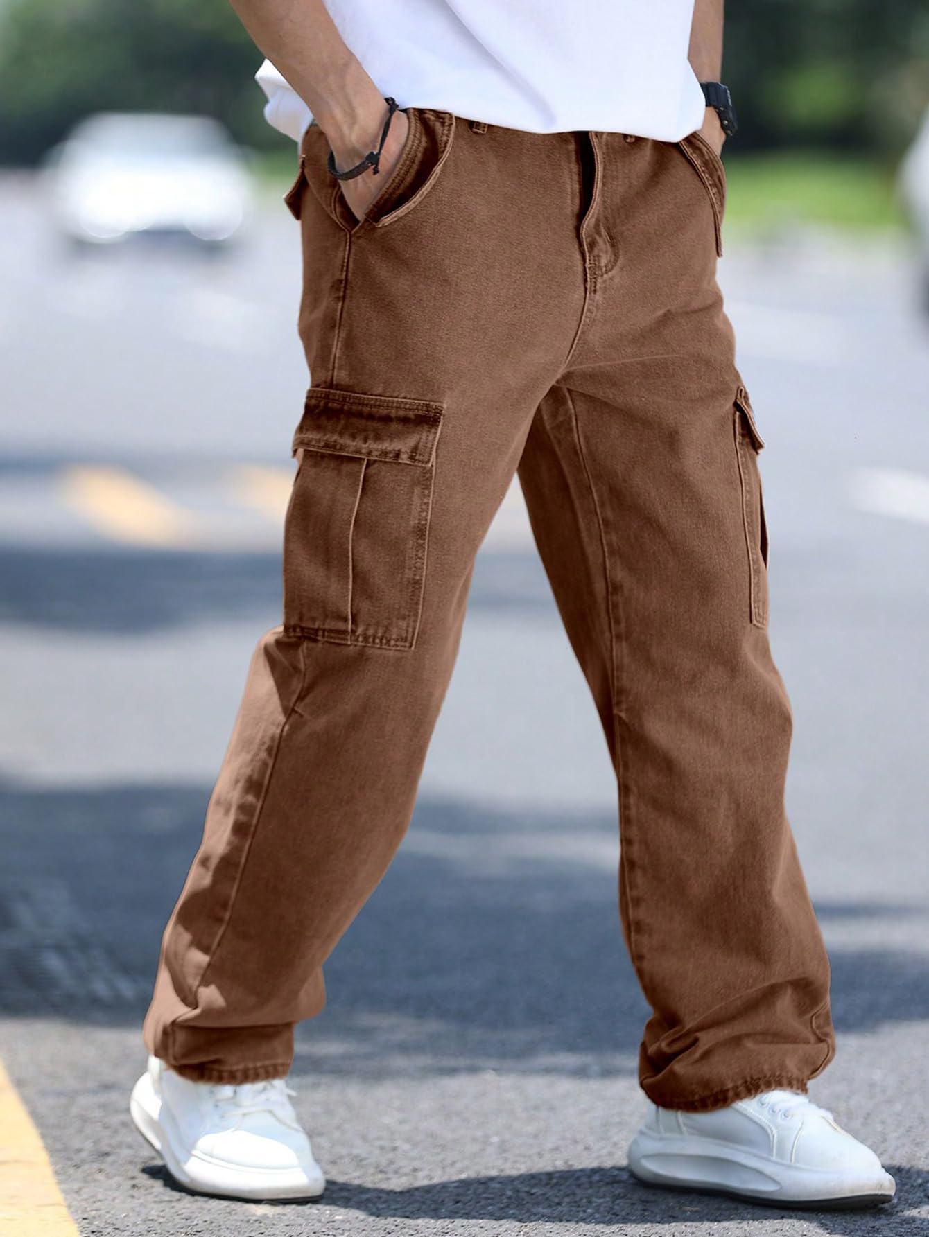 AVANOVA Mens Brown Cargo Jeans Slim Fit | Stylish Stretch Denim Trousers with Multi Pockets | Casual Wear Pants for Men | Comfor