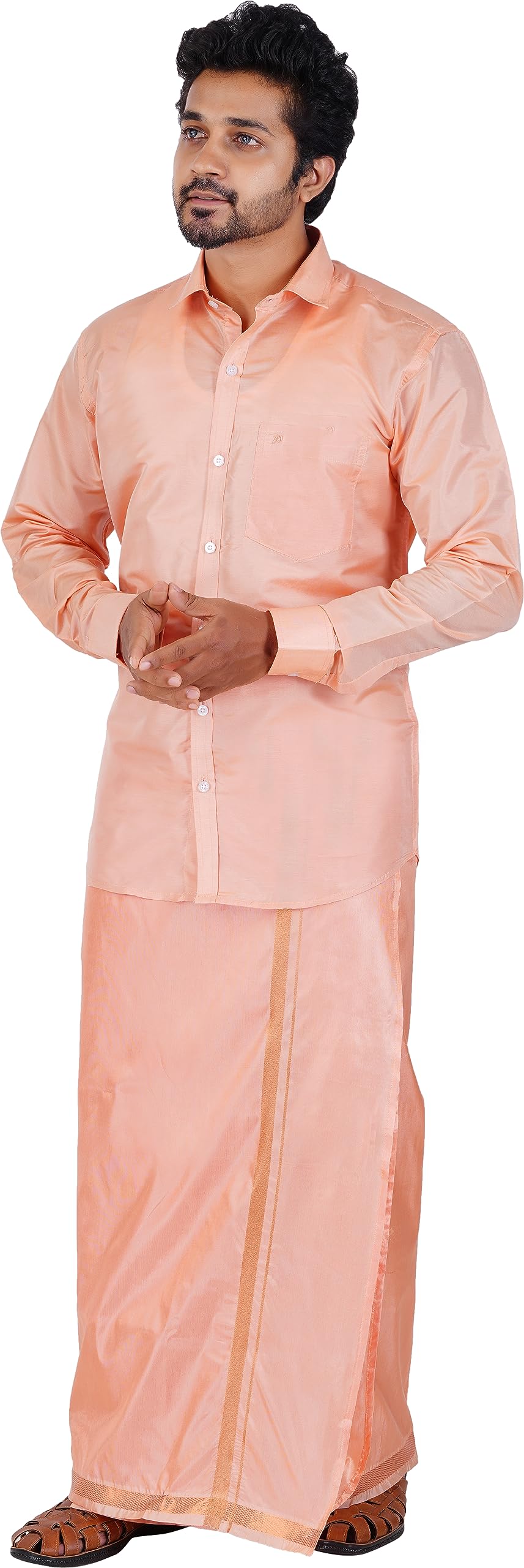 PRAKASAM COTTON-Mens Art Silk Tissue Wedding Set/Art Silk Tissue 8 Mulam (8-Yard) Dhoti and Stitched Full Sleeve Shirt