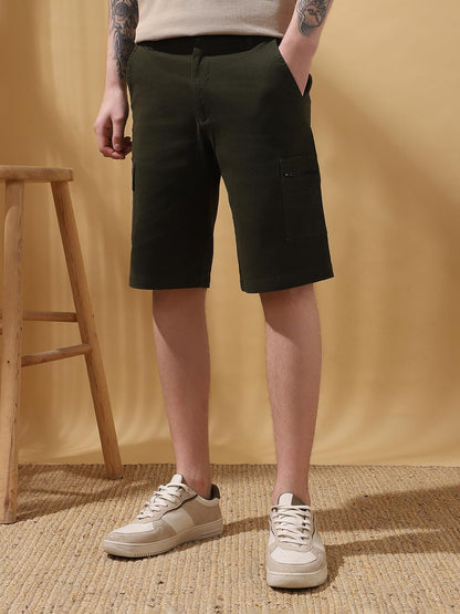 Dennis Lingo Men Knee Length Mid Rise Cargo Shorts. Dark Green