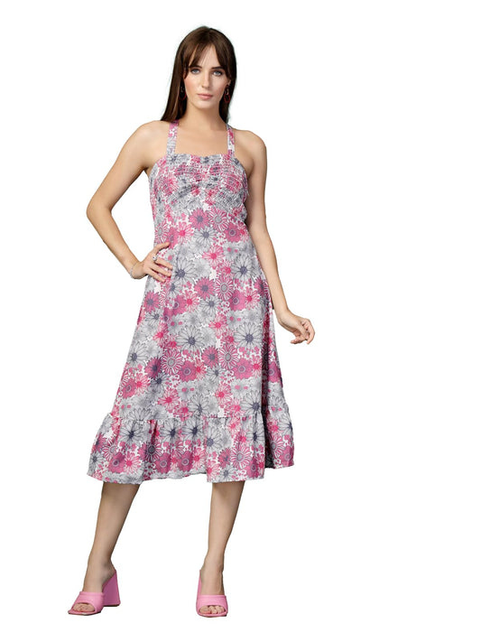 Oomph! WomenS Western & Fusion Wear Printed Crepe Dress For Women, Smocked Bodice, Pink - Md1058