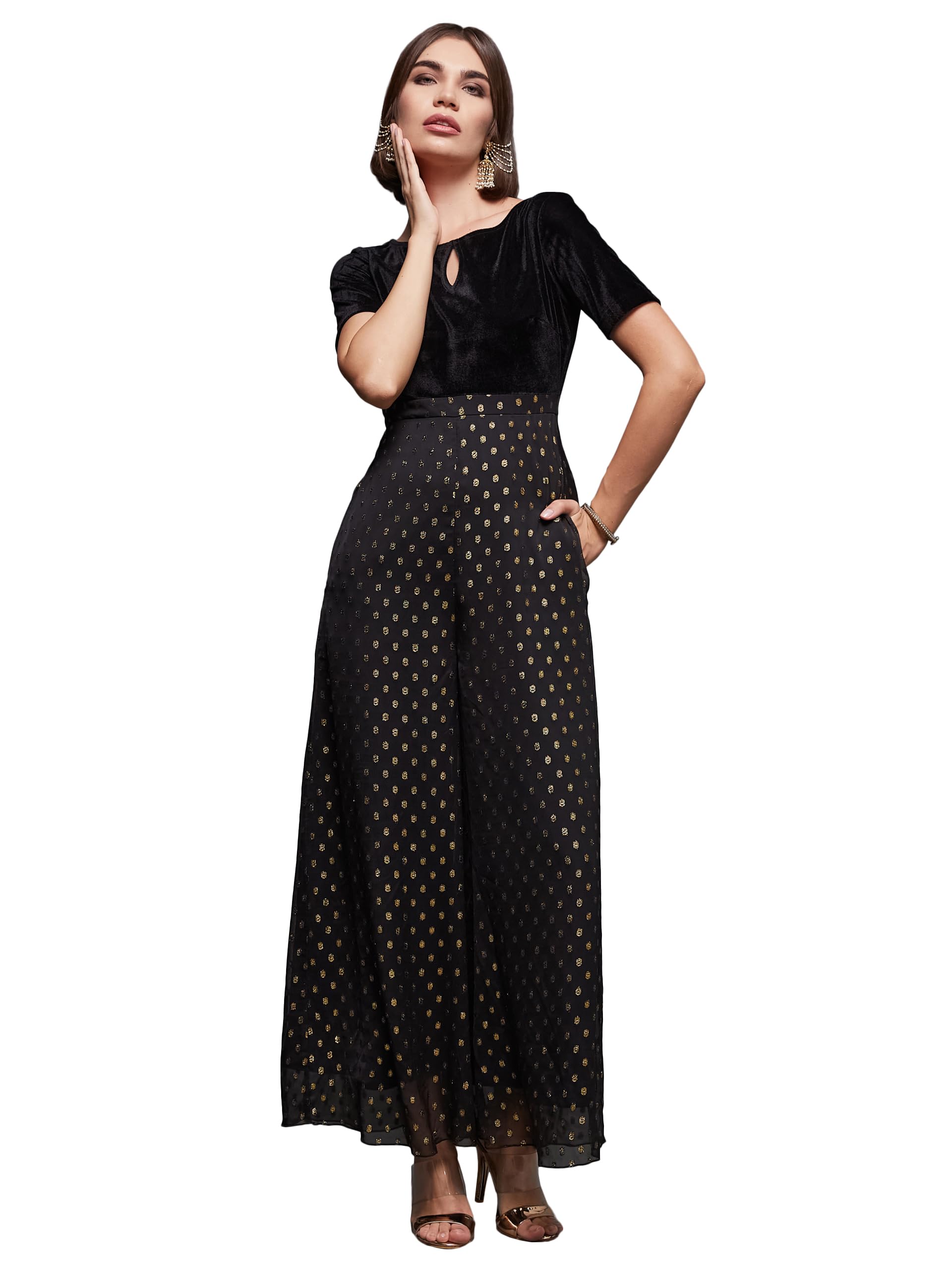 Miss Chase WomenS Boat Neck Half Sleeve Wide Leg Regular Length Polyester Printed Jumpsuit With Pockets (Mcss23D15-64-62-06, Bl