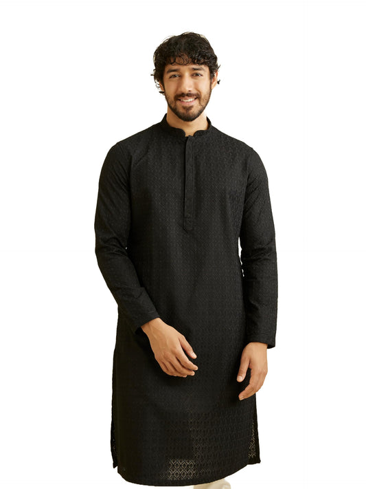 Manyavar Black Blended Cotton Solid Kurtas For Men (Kurta Only)