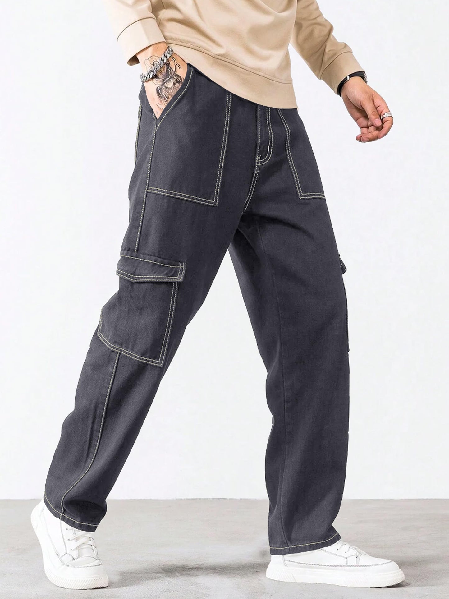 Noble Monk MenS Baggy Fit Jeans | Cargo Pocket | Streachable Jean For Mens Black