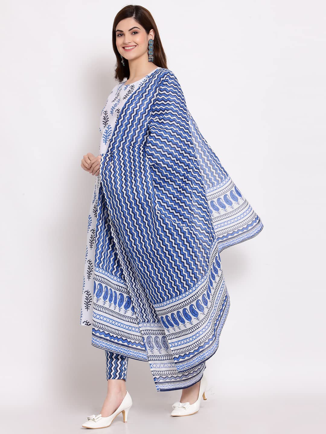 ANNI DESIGNER Women's Cotton Straight Kurta with Pant & Dupatta (KPTD-COT-10018-WHITE)