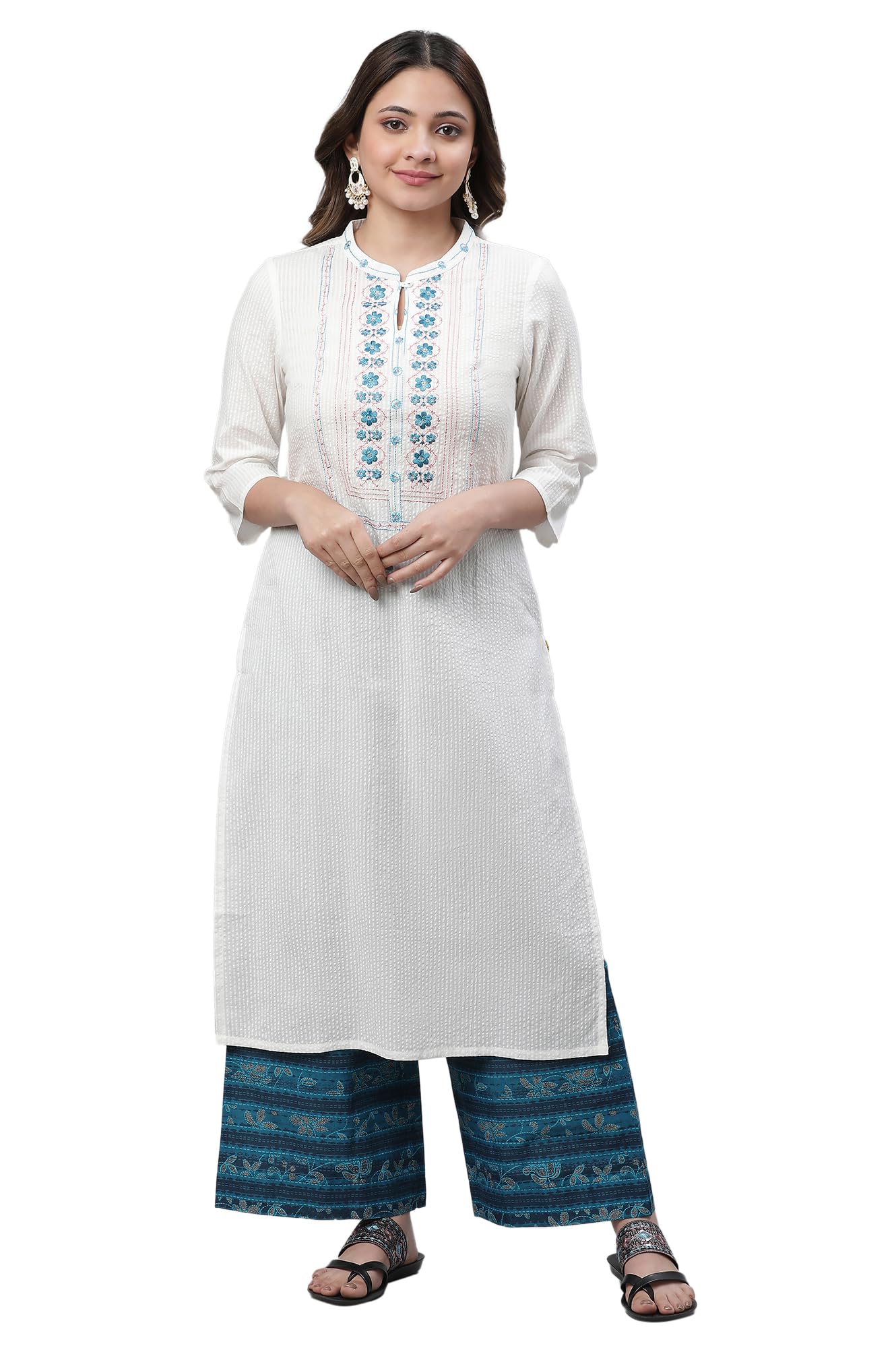 Aurelia White Floral Printed Printed Cotton-Rayon Blend Straight Long Kurta