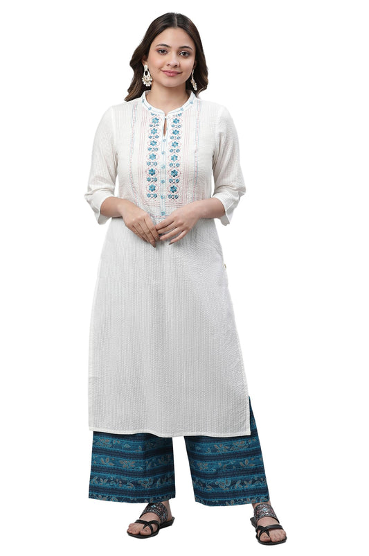 Aurelia White Floral Printed Printed Cotton-Rayon Blend Straight Long Kurta