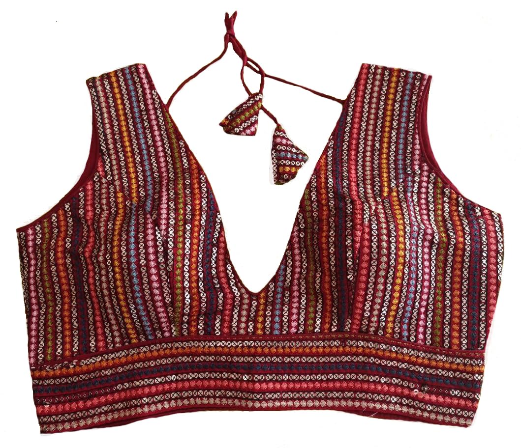 Vihu Fashion Womens Sleeveless Readymade sabyasachi Pattern V Neck Blouse Embroidery Work with Sequence Blouse Indian Ethnic we